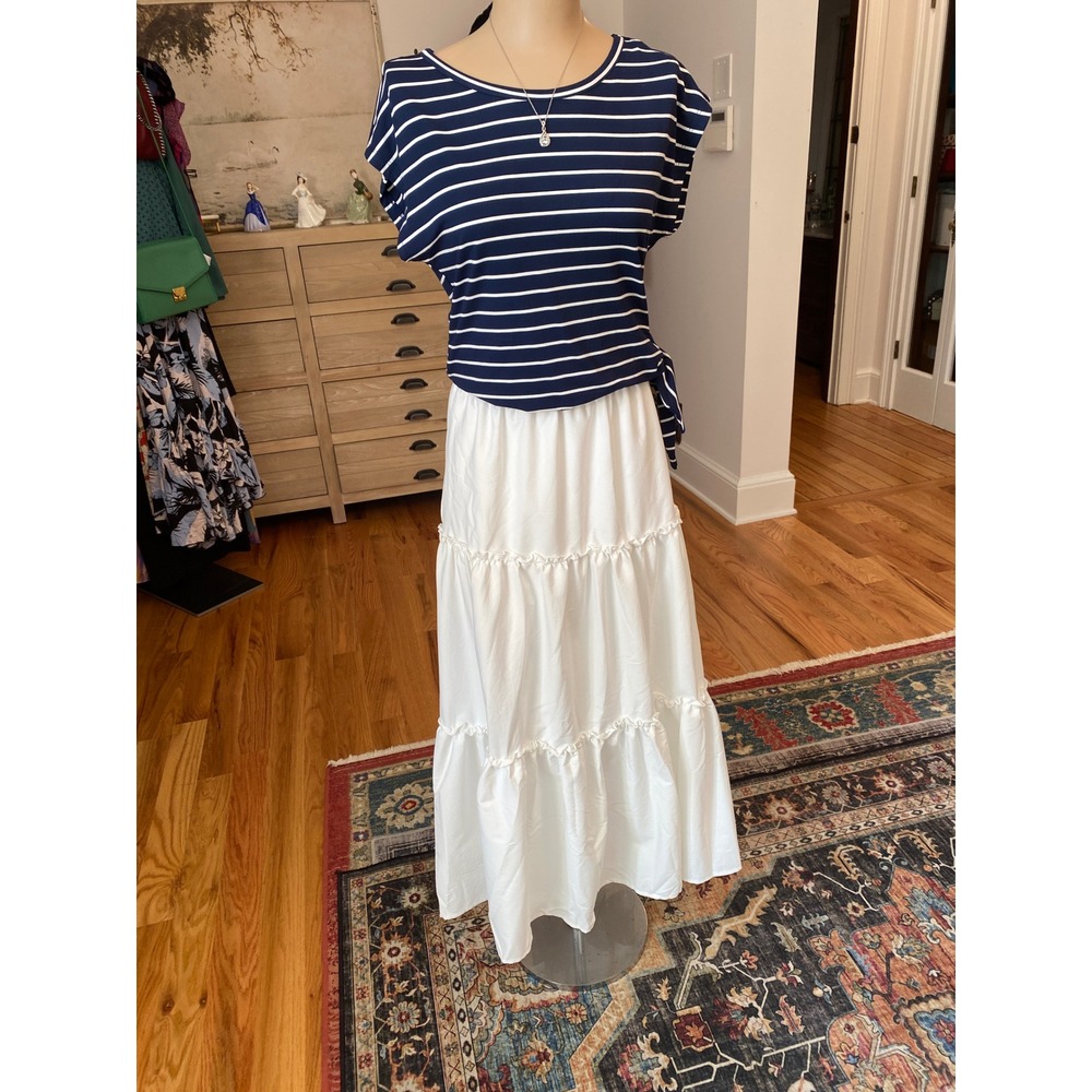 White Tiered Maxi Skirt Elastic Waist Ruffle Trim Boho Cottagecore Summer Skirt